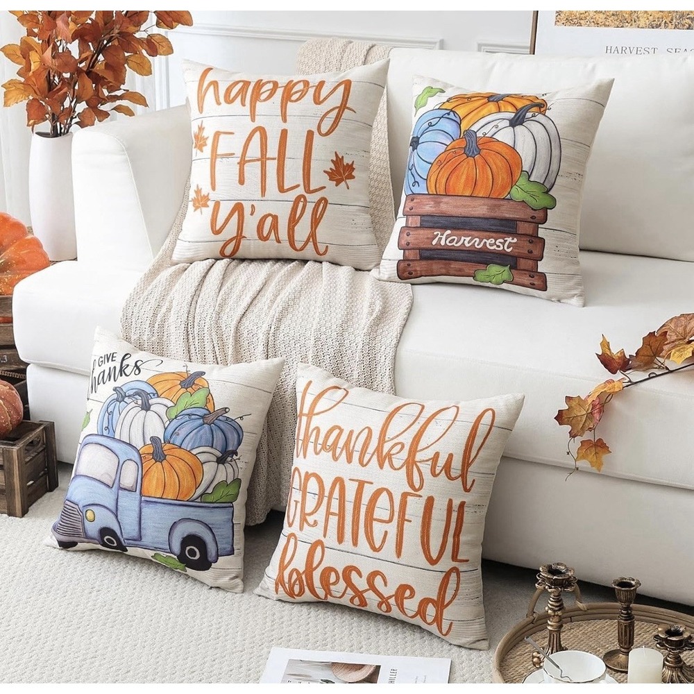 Artscope Fall Pillow Covers Set of‎ 4 18x18 Pumpkin Truck Thanksgiving Harvest